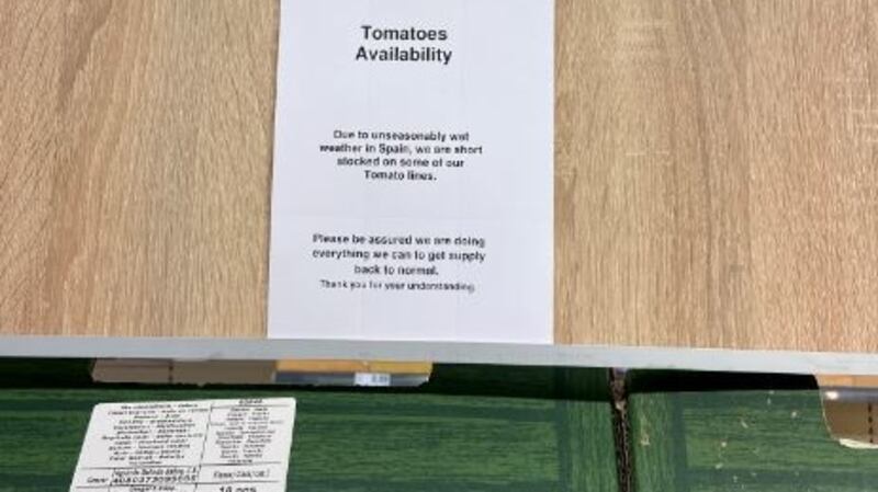 Sign in Lidl this week indicating wet weather in Spain had resulted in shortages of some tomatoes.