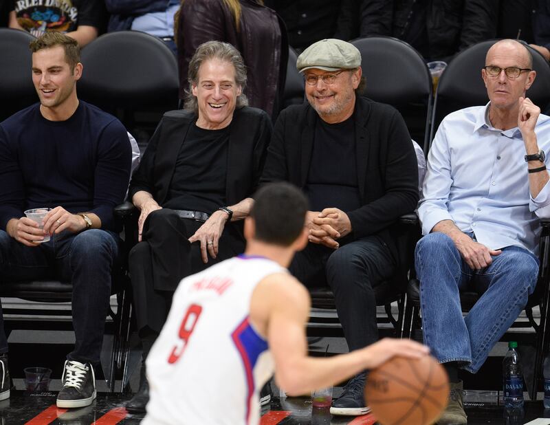Richard Lewis  and Billy Crystal attend a basketball between the Los Angeles Lakers and the Los Angeles Clippers at Staples Center in 2016. Photograph: Noel Vasquez/GC Images