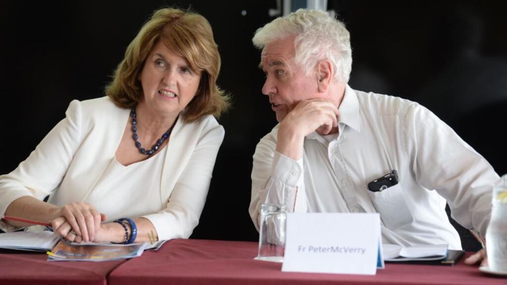 Fr Peter McVerry, SJ with Minister Joan Burton TD at the launch of Peter McVerry Trust Annual Report last year. Photograph: Dara Mac Dónaill