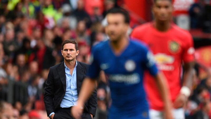Frank Lampard watches from the touchline during the loss to Manchester United. Photo: Oli Scarff/Getty Images