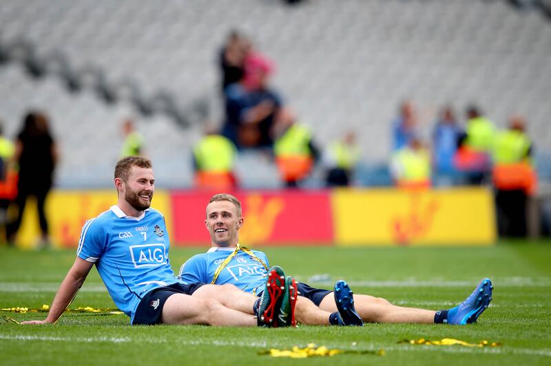 Dublin's Jack McCaffrey and Paul Mannion take in the celebrations after winning the All-Ireland title in 2018. Photograph: Ryan Byrne/Inpho