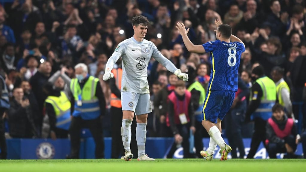 Kepa Arrizabalaga was Chelsea’s hero as they progressed into the last-eight of the League Cup. Photograph: Shaun Botterill/Getty