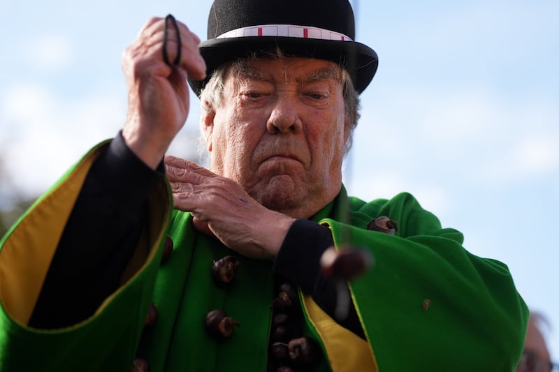 Conqueror: David Jakins takes part in the annual World Conker Championships at the Shuckburgh Arms in Southwick, Peterborough. Photograph: Jacob King/PA Wire