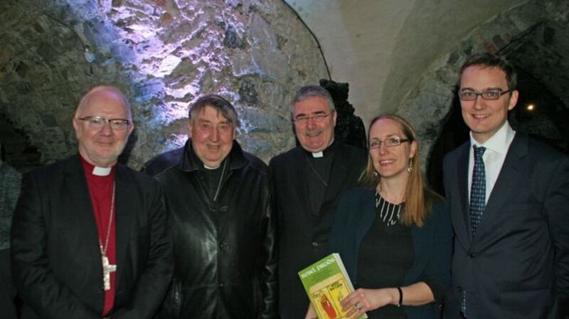 Archbishop Richard Clarke, former Archbishop of Dublin, Walton Empey, Bishop John McDowell, Heather Jones and Mark Jones at the launch of Rebel Prods in the crypt of Christ Church Cathedral, Dublin. Photograph: Lynn Glanville