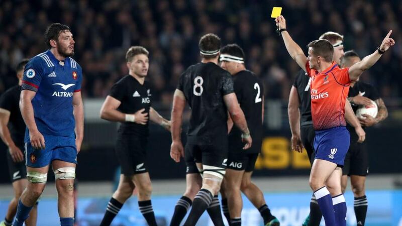 Match referee Luke Pearce hands Paul Gabrillagues of France a yellow card early in the second half of the first Test  against New Zealand at  Eden Park  in Auckland. Photograph: Hannah Peters/Getty Images