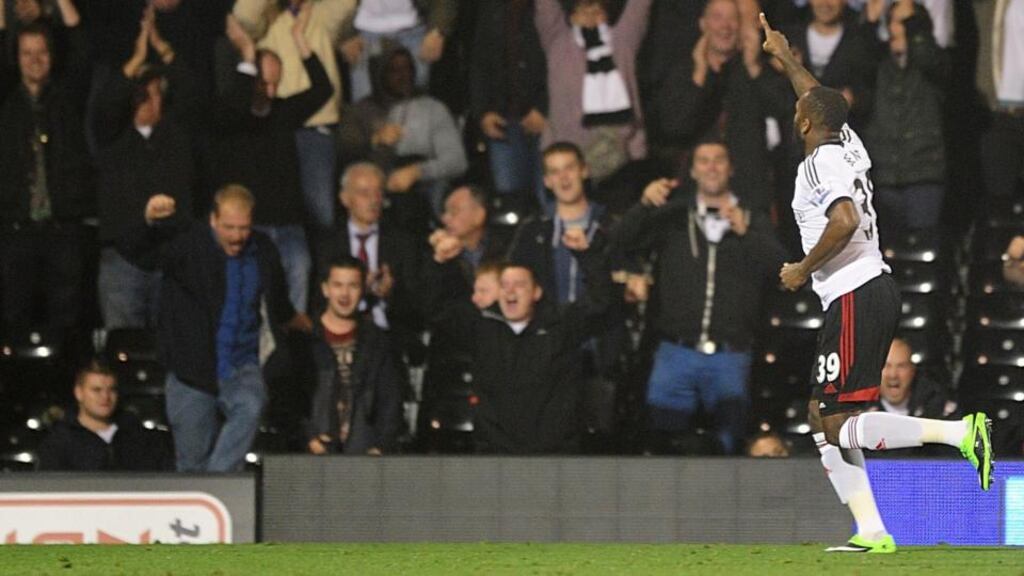 Fulham’s Darren Bent celebrates scoring the winner against Everton. Photograph: Adam Davy/PA Wire