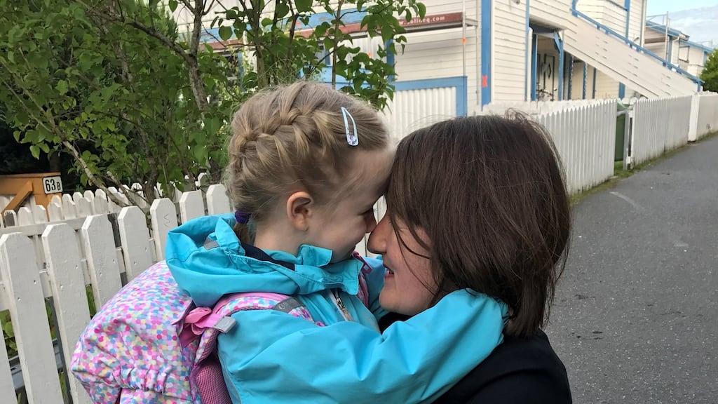 Carmel Stelzner with her daughter Nora on her first day of school in Oslo last week.
