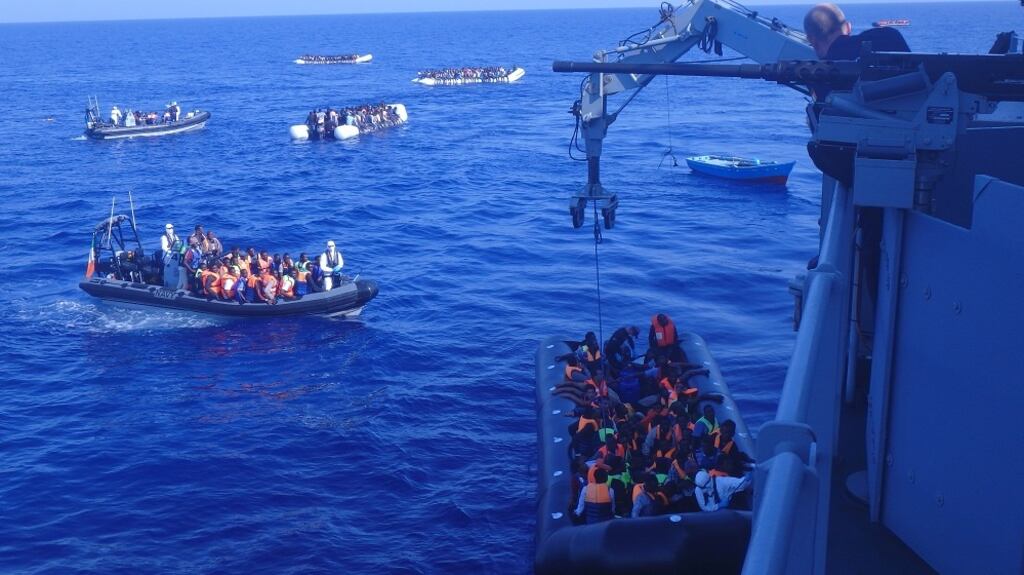 The scene as the LÉ James Joyce rescues 617 people north of the Libyan coast yesterday.