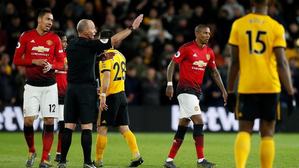 Ashley Young was sent off during Manchester United’s defeat to Wolves. Photograph: Andrew Yates/Reuters