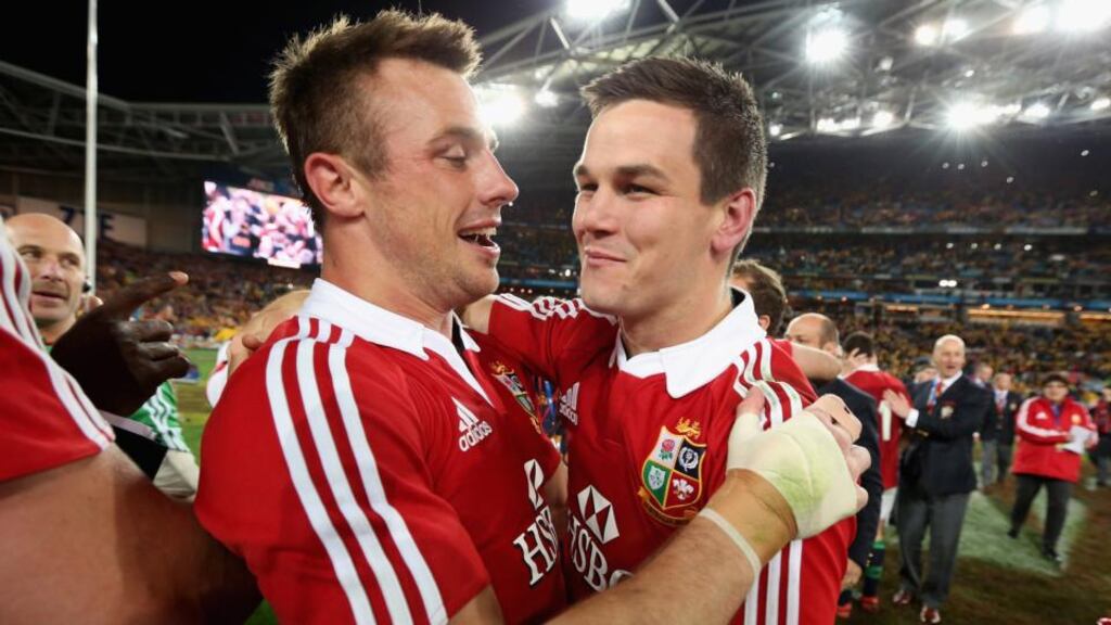 Tommy Bowe  and Jonathan Sexton  celebrate the third test victory  over Australia. Photograph: Photograph:  David Rogers/Getty Images