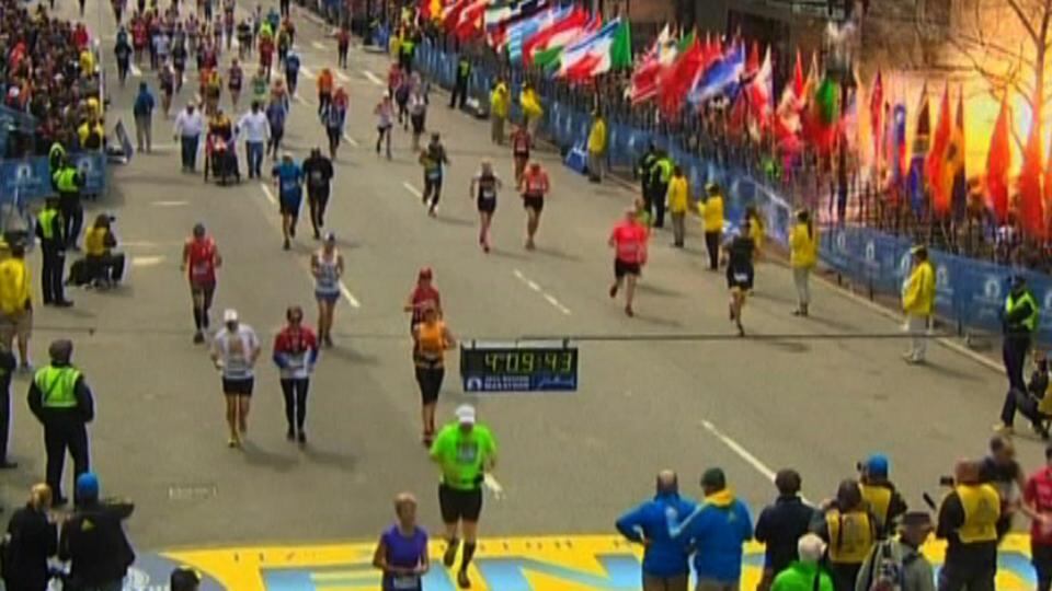 Still image taken from video courtesy of NBC shows an explosion at the finish line of the Boston Marathon. Two explosions struck the marathon as runners crossed the line. At least two people were killed in the explosions. Photograph: Reuters