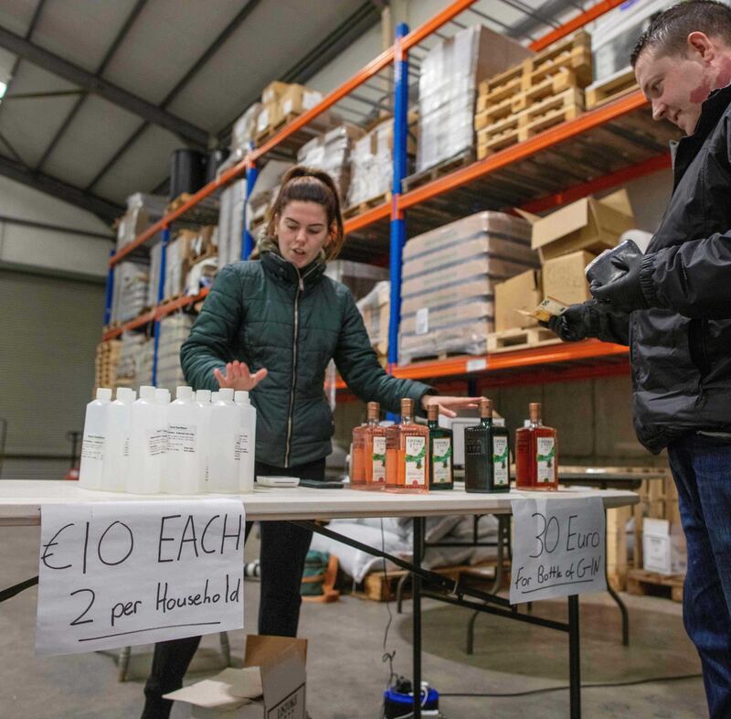 Bottles of hand sanitiser and gin for sale at a distillery in Dublin this week. Photograph: Paul Faith/AFP