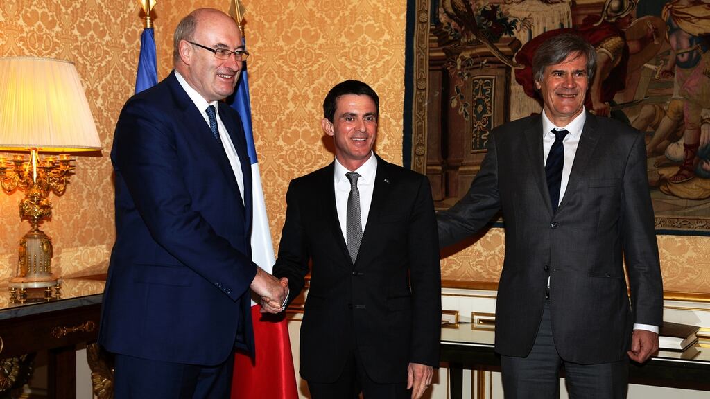 Phil Hogan meeting French prime minister Manuel Valls and French agriculture minister Stephane Le Foll in Paris on Thursday. Photograph: Thomas Samson/AFP/Getty Images