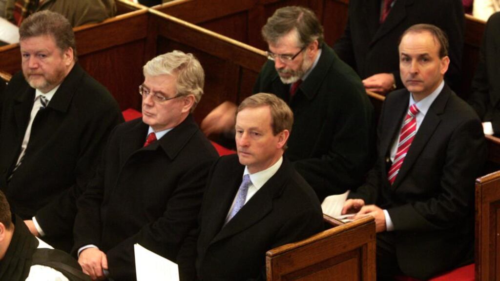 Party leaders at an inter-denominational service of prayer for the assembly of the 31st Dáil. A grand coalition involving Fine Gael and Fianna Fáil or a coalition involving Fianna Fáil and Sinn Féin would be radical departures