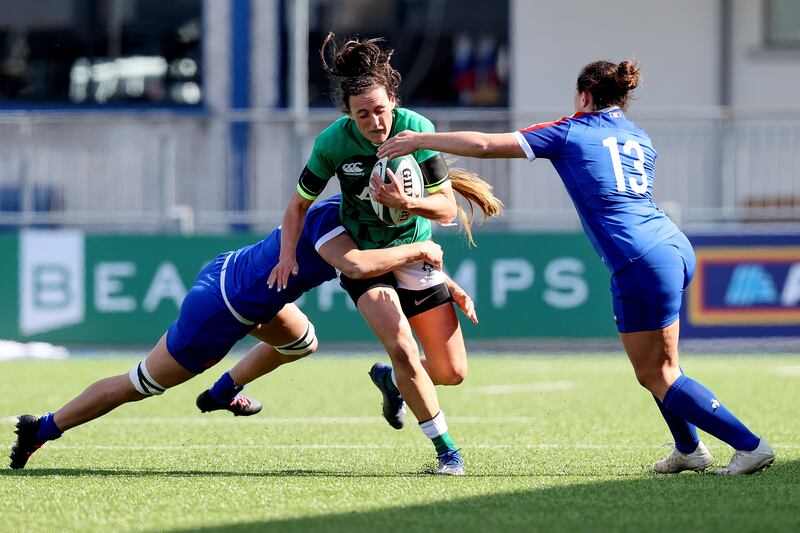 France's Morgane Peyronnet tackling Tyrrell of Ireland in the women's Six Nations championship in Donnybrook, Dublin, in April 2021. Photograph: Bryan Keane/Inpho