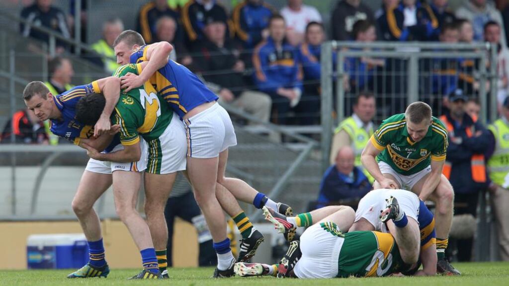 This scuffle during Kerry’s win over Tipperary was about as evenly matched as it got in Killarney. Photograph: Lorraine O’Sullivan/Inpho