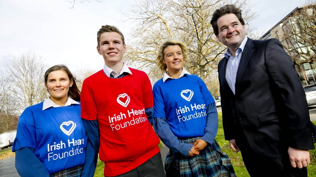 Gavin Kelly, chief executive of Retail Ireland at Bank of Ireland, with Ava Aspell, Mateusz Kluczynski and Lauren O’Rourke, from Ardscoil Rath Iomgháin, Rathangan in Co Kildare.
