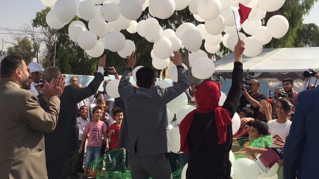 A celebratory welcome for Khlifa bin Jassim al-Kuwari, director of the Qatar Fund for Development, which donated €43m to finance schools such as the Baqa’a elementary school in Jordan