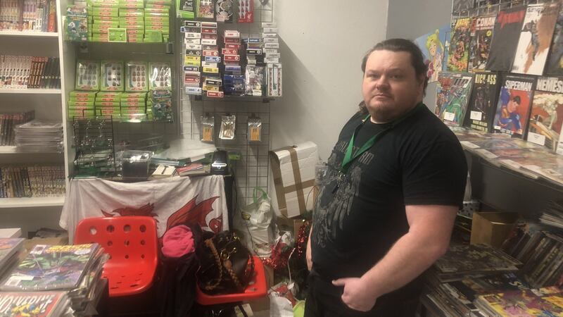 Alun Gilpin at his comics and model stall, Border Collectibles voted remain.