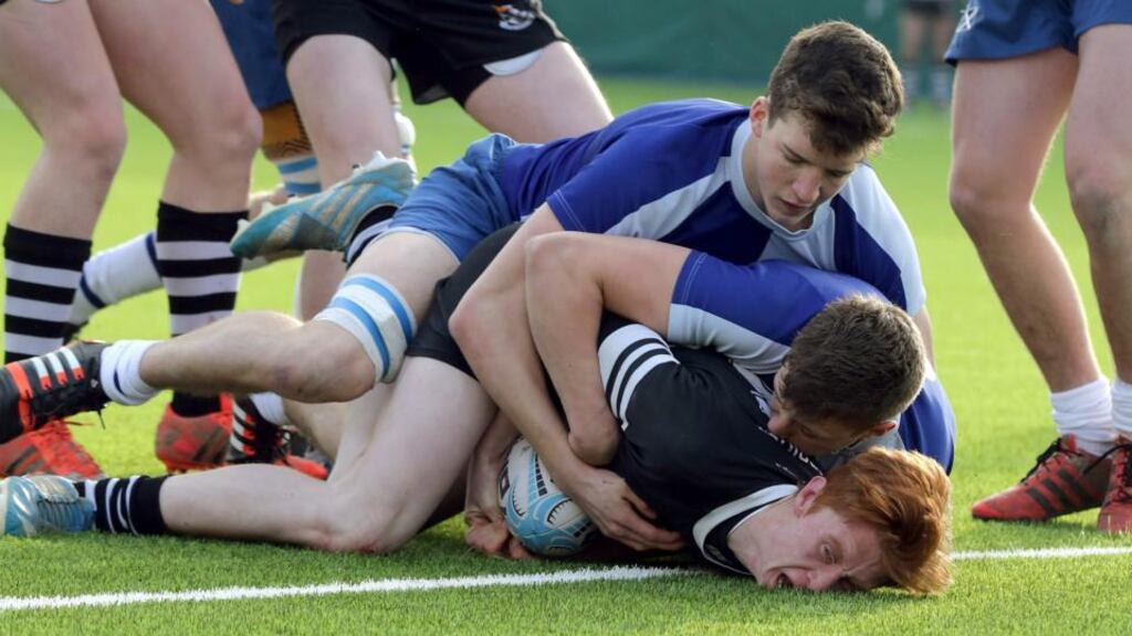 Newbridge College’s Brian Larkin scores a try despite the efforts of two St Andrews’ players during the Leinster Schools Senior Cup quarter-final at Donnybrook Stadium. Photo: Morgan Treacy/Inpho