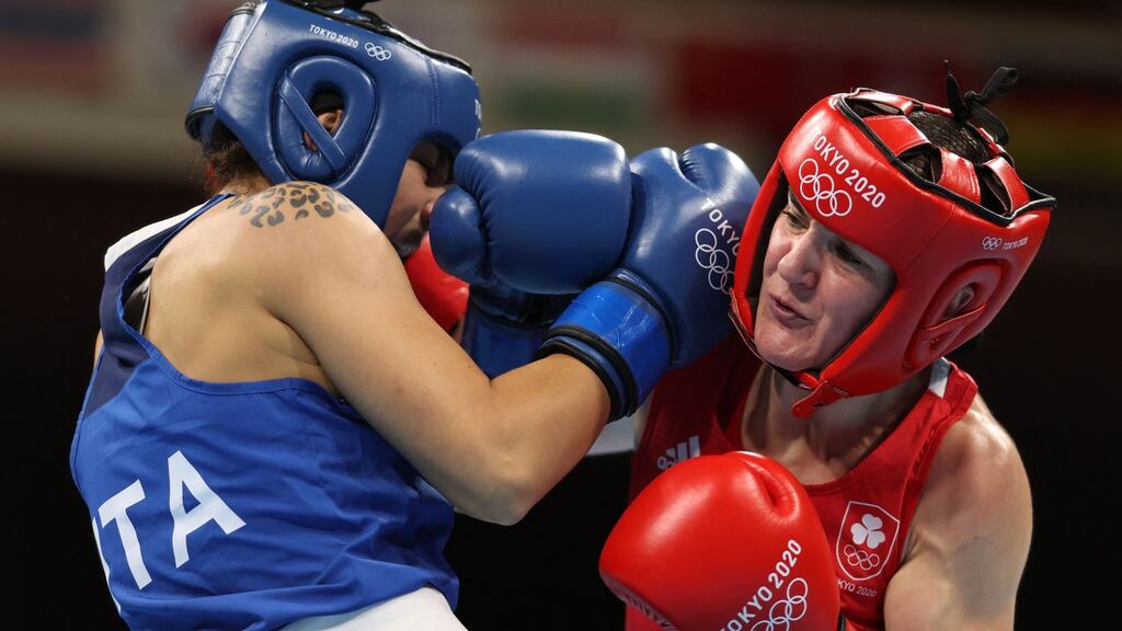 Ireland’s Kellie Harrington (red) defeated Italy’s Rebecca Nicoli in her opening fight at the Olympics and on Tuesday will fight Algeria’s Almane Khelifi for a guaranteed bronze medal. Photograph: Buda Mendes/AFP/Getty