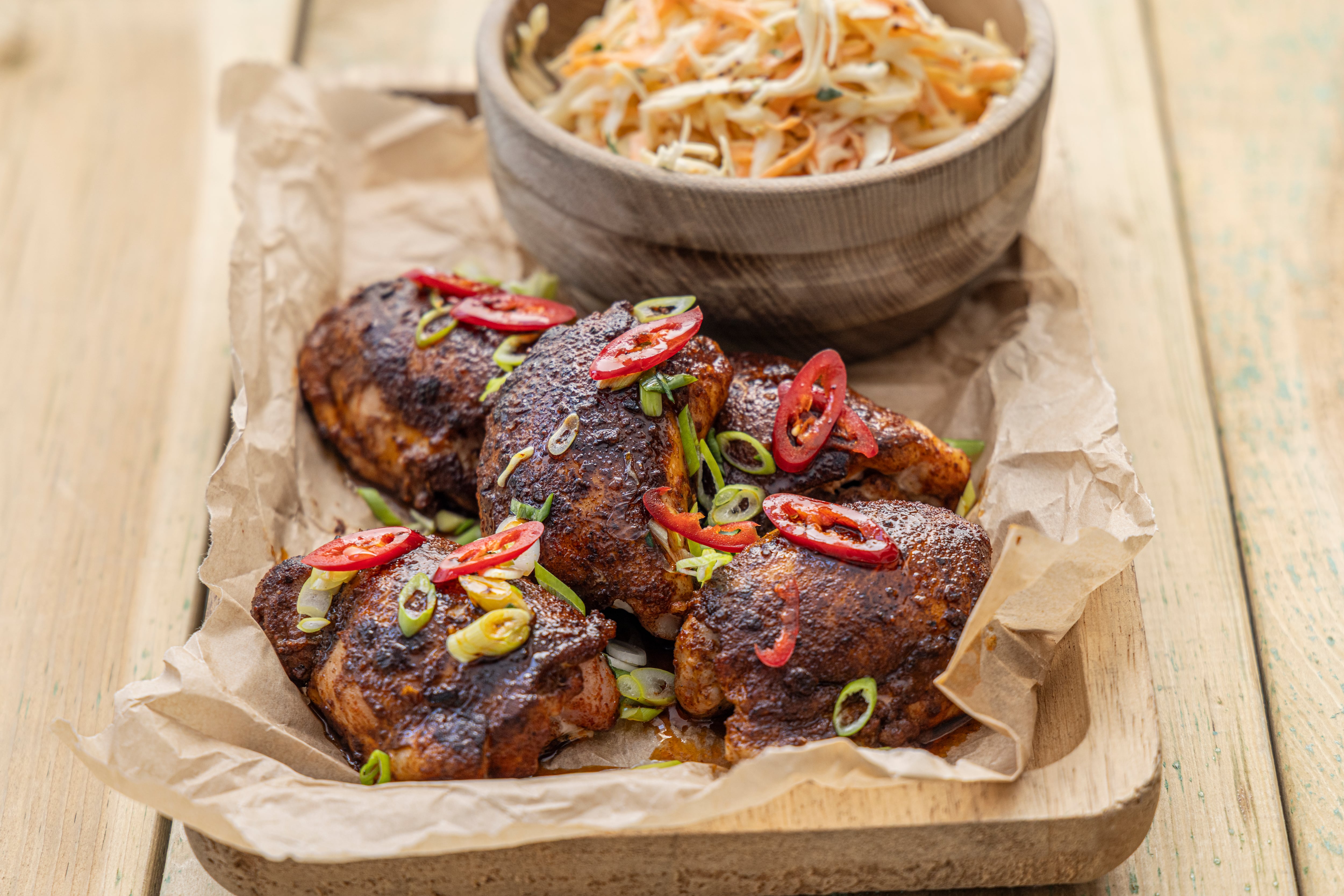 Barbecue piri piri chicken thighs with coleslaw