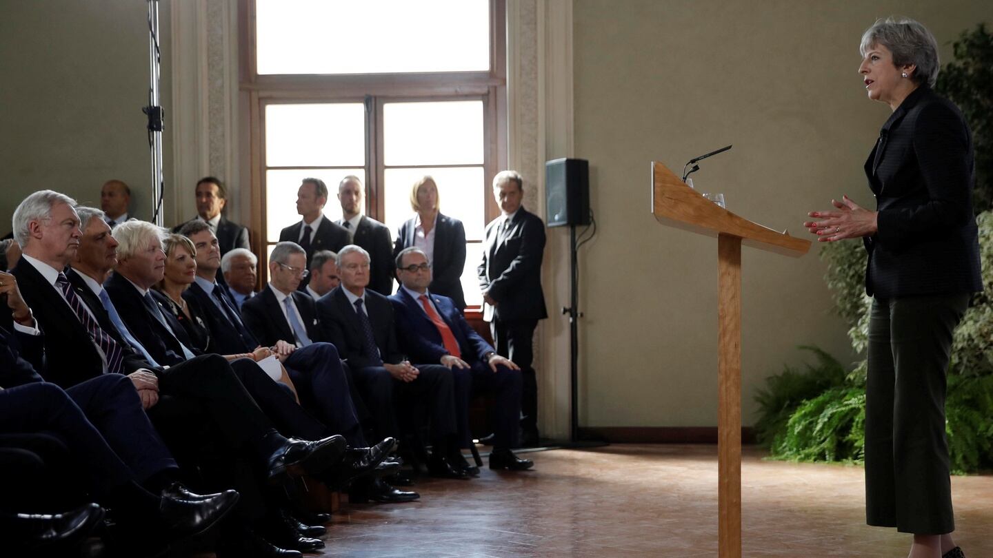 British prime minister Theresa May delivers her speech in Florence, Italy on Friday. Photograph: Alessandra Tarantino/Reuters/Pool