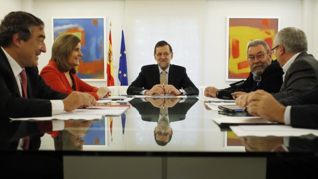 Spanish Confederation of Business Organisations president Juan Rosell, Spanish labour minister Fatima Banez, prime minister Mariano Rajoy, General Workers Union leader Candido Mendez and general secretary of Spain’s biggest labour union Comisiones Obreras Ignacio Fernandez Toxo at a meeting yesterday. Photograph: Susana Vera/Reuters