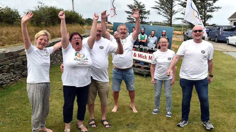 Trish O’Donovan, Mick McCabe, Mike and Pauline Doab, Marie Carey and Declan Boyle family and friends of gold Olympic winner Paul O’Donovan celebrating at home in Lisheen near Skibbereen. Photograph: Provision