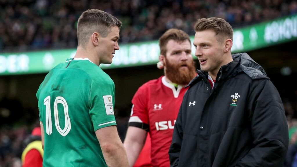 Ireland’s Johnny Sexton talks to Wales’s Dan Biggar   after their 2020 Guinness Six Nations game at the Aviva Stadium. Photograph: Dan Sheridan/Inpho