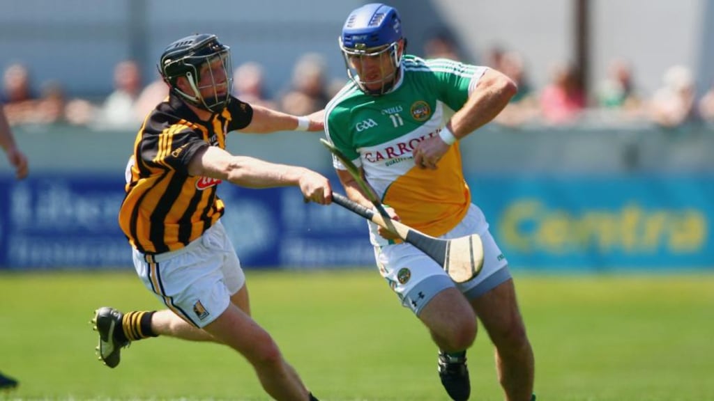 Offaly’s Brian Carroll is tackled by Kilkenny’s Aidan Fogarty during the Leinster SHC clash at O’Connor Park in Tullamore. Photograph: Ken Sutton/Inpho