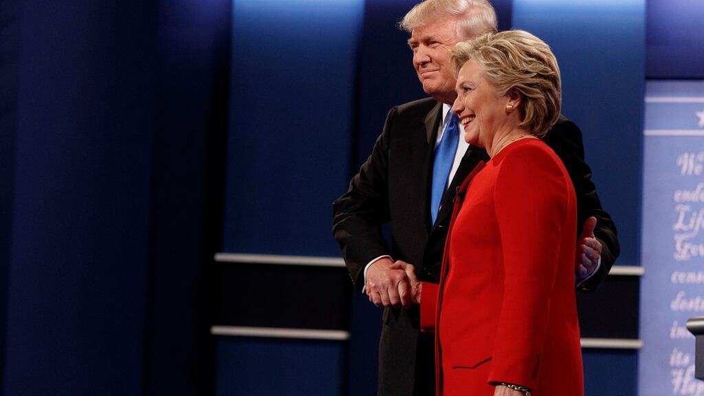 Republican presidential candidate Donald Trump, left, shakes hands with Democratic presidential candidate Hillary Clinton during the first presidential debate at Hofstra University, Monday, September 26th, 2016, in Hempstead, New York. Photograph: AP Photo/ Evan Vucci