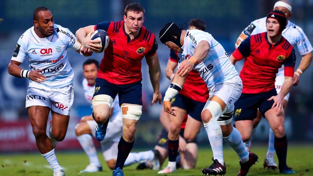 Munster’s Tommy O’Donnell makes a break earlier this month gainst Racing 92 at Stade Yves-du-Manoir. Photograph: James Crombie/Inpho
