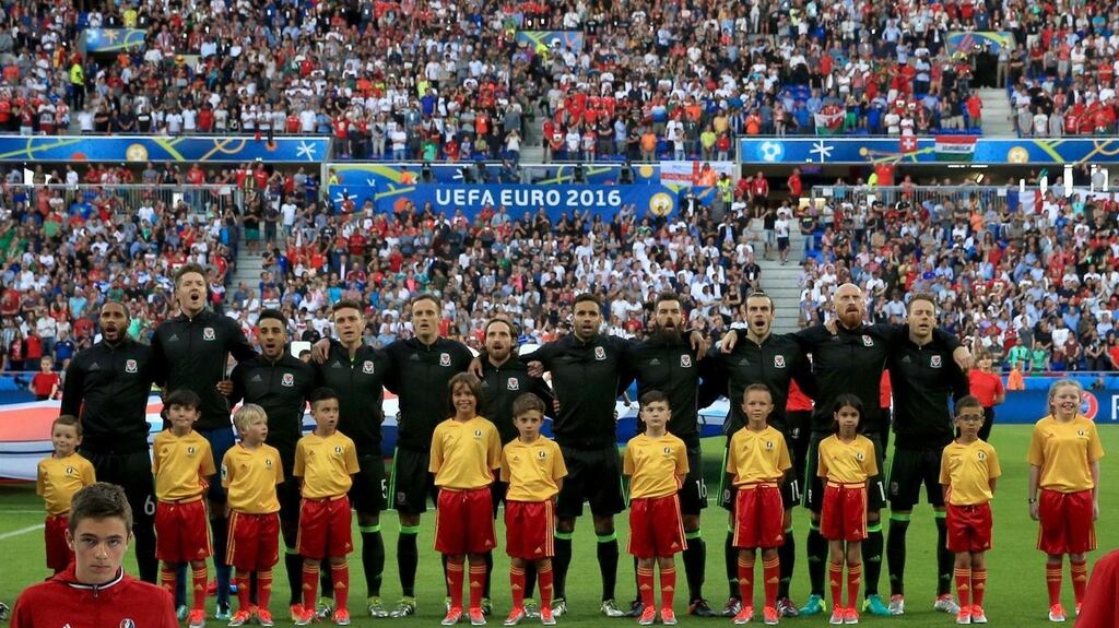 Welsh players line up before the UEFA Euro 2016, semi-final match at the Stade de Lyon, Lyon. Rose is pictured first from the right, at the very end of the line. Photograph: Nick Potts/PA Wire