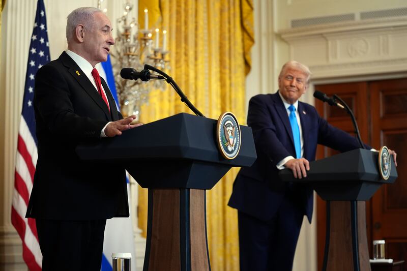 US president Donald Trump and Israeli prime minister Binyamin Netanyahu in the East Room of the White House on Tuesday. Photograph: Evan Vucci/AP