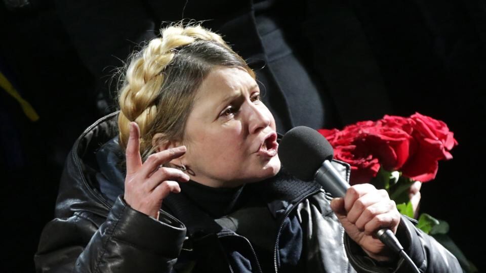 Former Ukrainian prime minister Yulia Tymoshenko  appeared on the stage of Kiev’s Independence Square hours after being released from prison yesterday. Tymoshenko, who was in a wheelchair, first praised the protesters and those who were killed during last week’s unrest. Photograph: Maxim Shipenkov/EPA