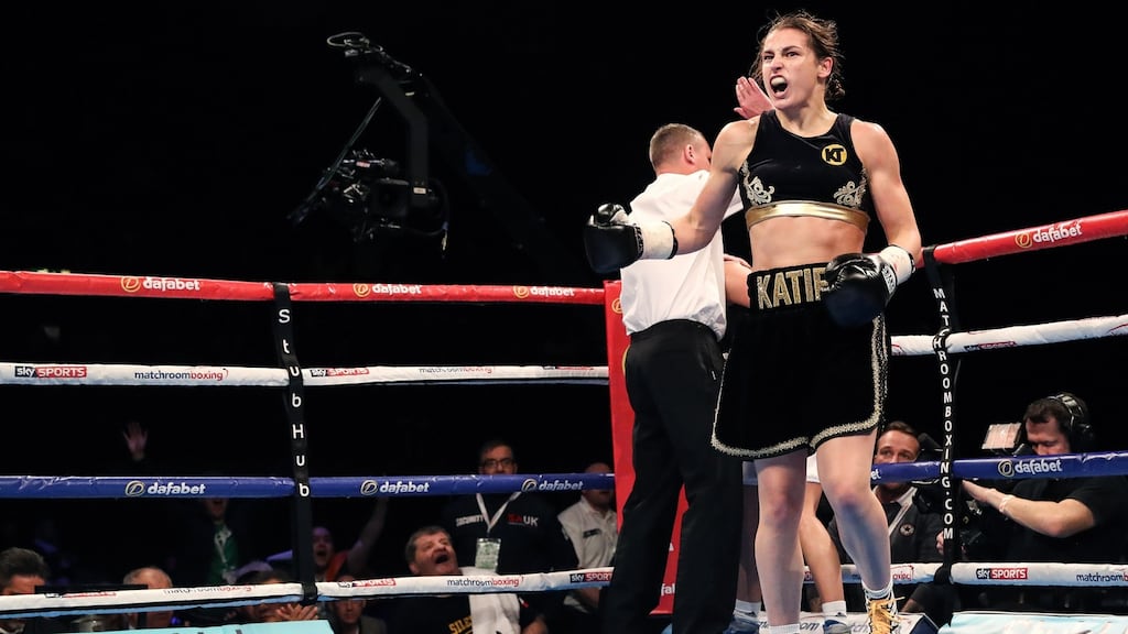 Katie Taylor celebrates her win over Karina Kopinska at the The SSE Arena, Wembley, London. Photograph: Ryan Byrne/Knpho