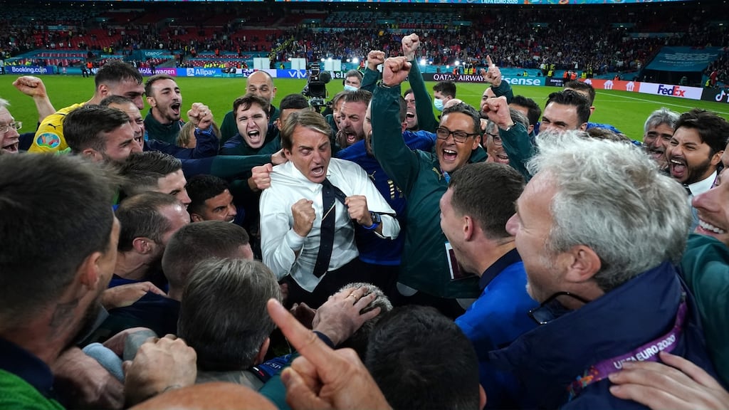 Roberto Mancini celebrates with his team at the end of their Euro 2020 semi-final win over Spain at Wembley. Photograph: Claudio Villa/Getty Images