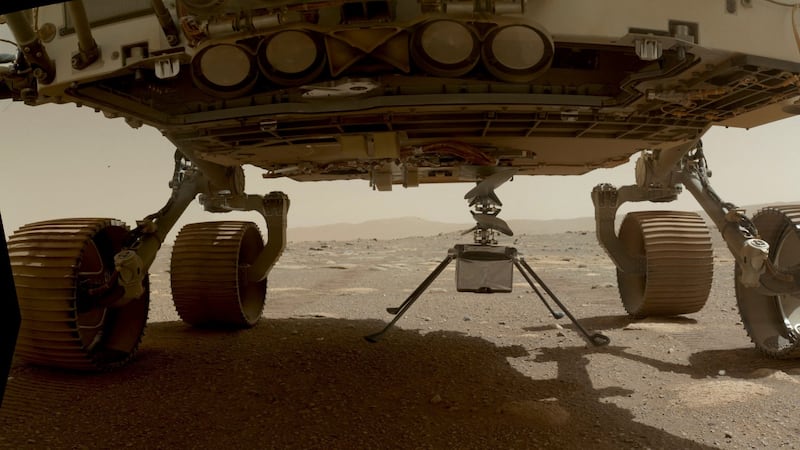 This Nasa photo obtained on April 6th, 2021, shows the helicopter with all four of its legs deployed before dropping from the belly of the Perseverance rover on March 30th, 2021. Photograph: Nasa/JPL-Caltech/AFP via Getty Images