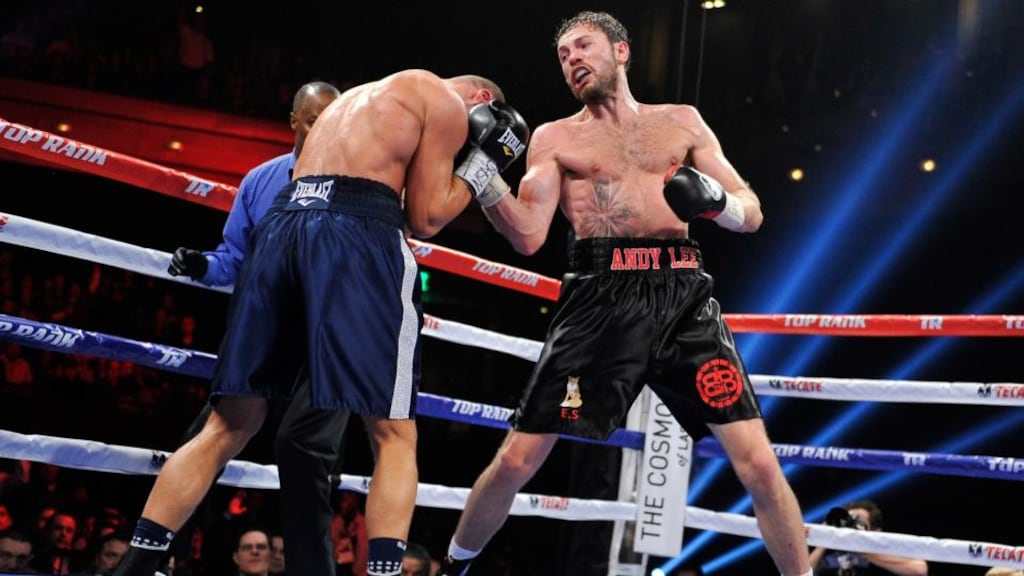 Ireland’s Andy Lee throws a right at Matt Korobov during their fight for the vacant WBO middleweight title at The Cosmopolitan Hotel in Las Vegas, Nevada. Lee won by a TKO in the sixth round. Photograph: David Becker/Getty Images