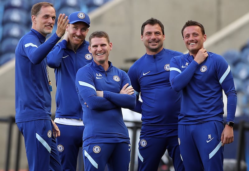Former Chelsea manager Thomas Tuchel ( left) with his coaching team including Anthony Barry (third left). Photograph: Nick Potts/PA Wire