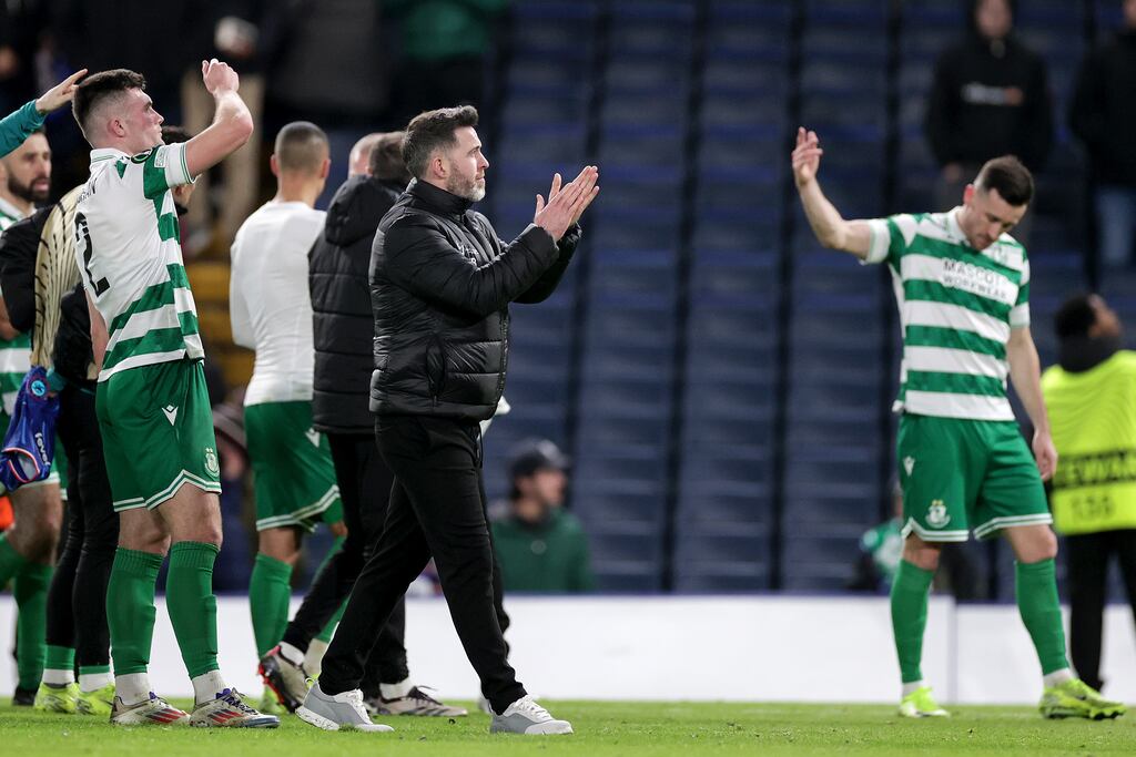 Shamrock Rovers head coach Stephen Bradley applauds the fans after the game. Photograph: Laszlo Geczo/Inpho