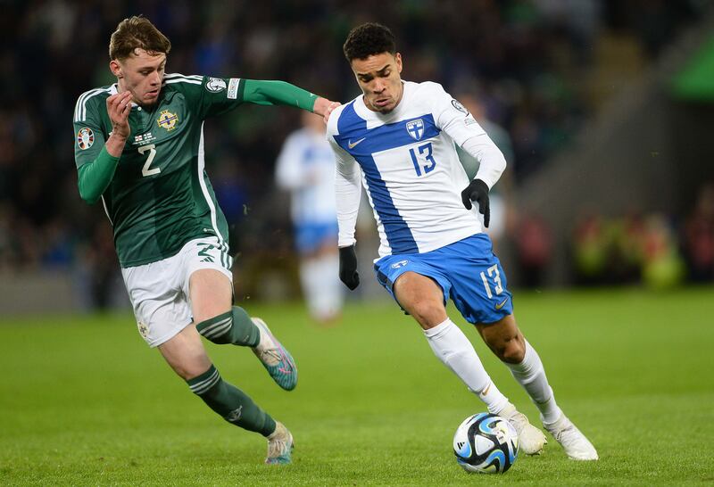 Conor Bradley in action for Northern Ireland against Finland in the Euro 2024 qualifier last March in Belfast. Photograph: EPA