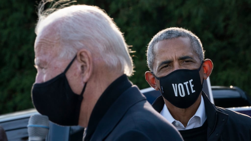 Democratic presidential nominee Joe Biden and former US president Barack Obama make a stop at a canvass kickoff event at Birmingham Unitarian Church on October 31st, 2020 in Bloomfield Hills, Michigan. Photograph: Drew Angerer/Getty Images