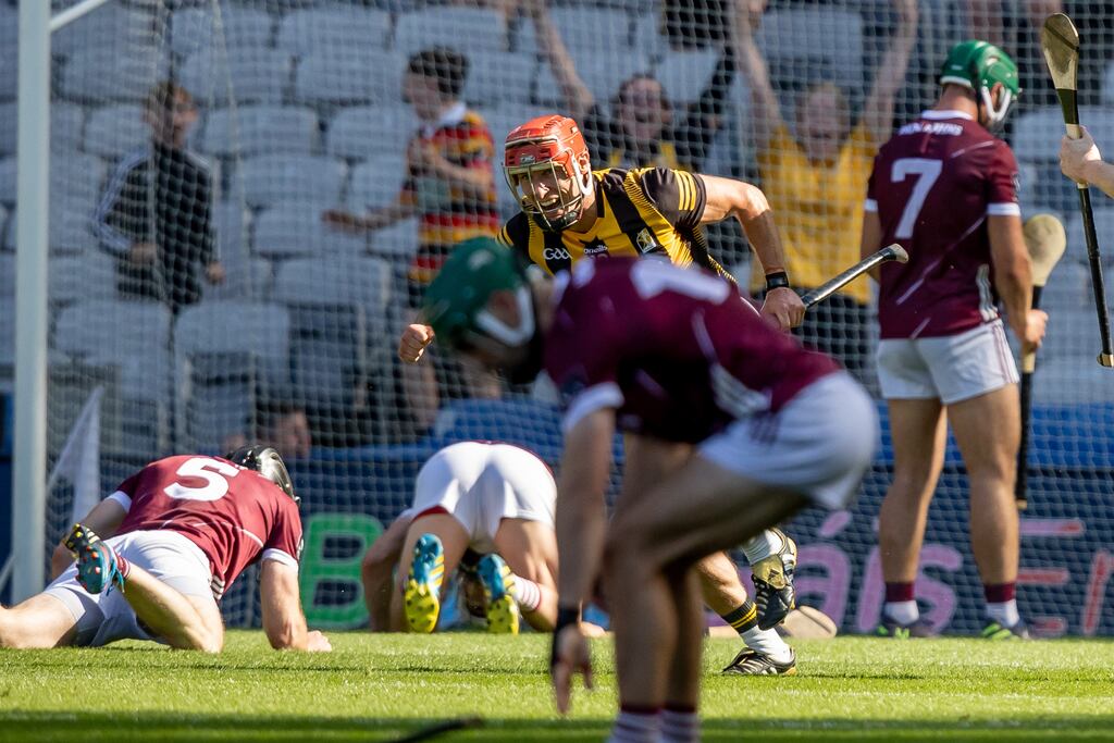 Kilkenny’s Cillian Buckley celebrates scoring the winning goal in additional time of the Leinster SHC final against Galway. Photograph: Morgan Treacy/Inpho