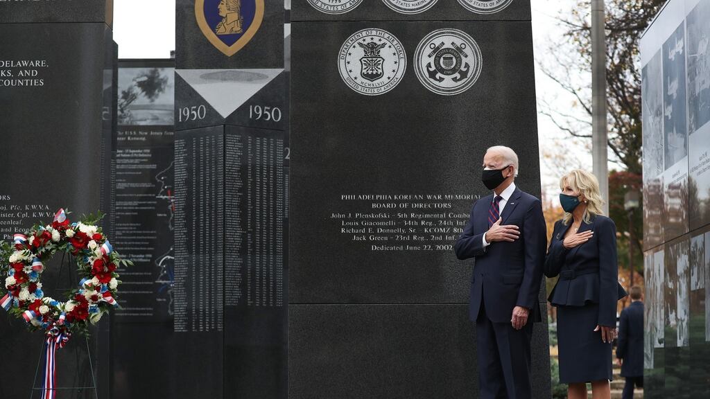 President-elect Joe Biden and Dr. Jill Biden stop at the Philadelphia Korean War Memorial at Penn’s Landing on Veterans Day, November 10th, 2020. Photograph: Joe Raedle/Getty Images.
