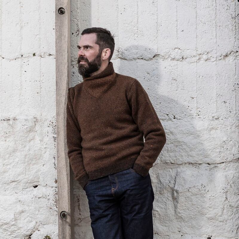 Shawl collared sweater in brown charcoal, €316 (not in European retailers). Photograph: Matthew Thompson