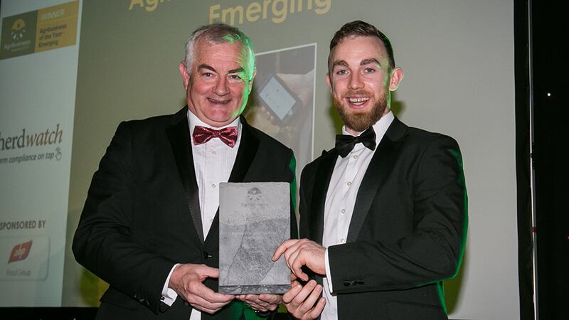 John Durkan, Head of Sustainability, ABP Food Group, presents the Agribusiness of the Year – Emerging award to James Greevy, Herdwatch