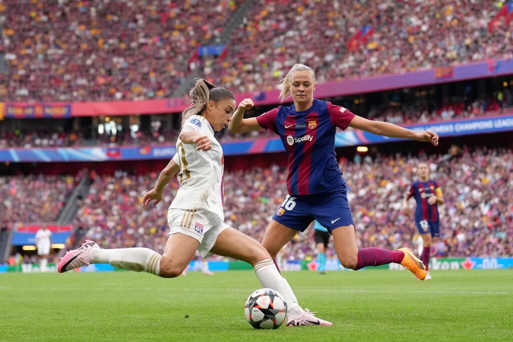 Barcelona's Swedish international Fridolina Rolfö, right, in action against Lyon. Rolfö won the Champions League and the Spanish league title with Barca. Photograph: Juan Manuel Serrano Arce/Getty Images