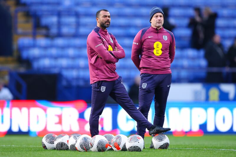 England assistant coach Ashley Cole with manager Lee Carsley before an under-21 qualifier between England and Luxembourg in March. Photograph: Matt McNulty/The FA/The FA via Getty Images